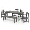 Grey 6-piece patio dining set featuring a weather-resistant HDPE table, chairs, and bench for outdoor gatherings.