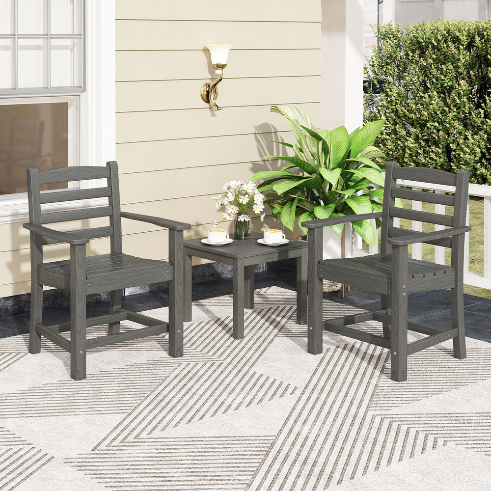 Two grey HDPE patio chairs and a table set, showcasing a rustic design, perfect for outdoor dining and relaxation.