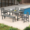Patio dining set featuring a grey HDPE table, six chairs, and a bench, perfect for outdoor gatherings by the pool.