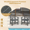 Two grey HDPE patio dining chairs with slatted seats, weather-resistant for outdoor use by the poolside.
