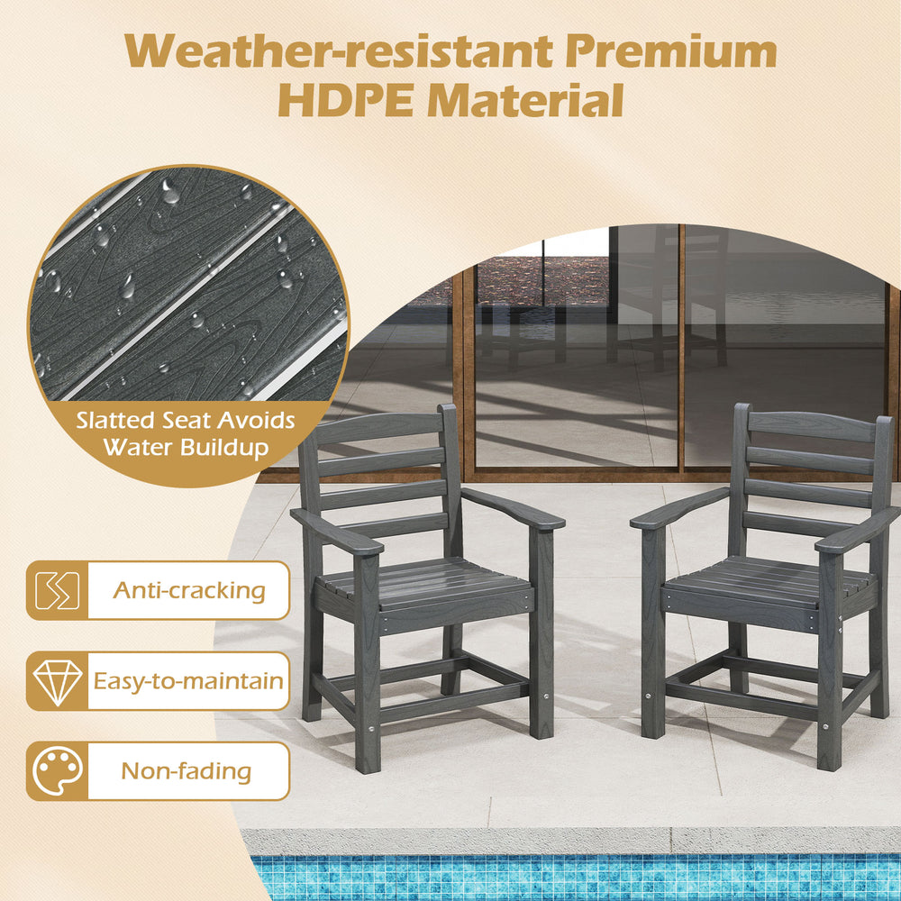 Two grey HDPE patio dining chairs with slatted seats, weather-resistant for outdoor use by the poolside.