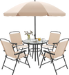 Patio dining set featuring a ripped tempered glass tabletop, four folding armchairs, and a beige umbrella for outdoor comfort.