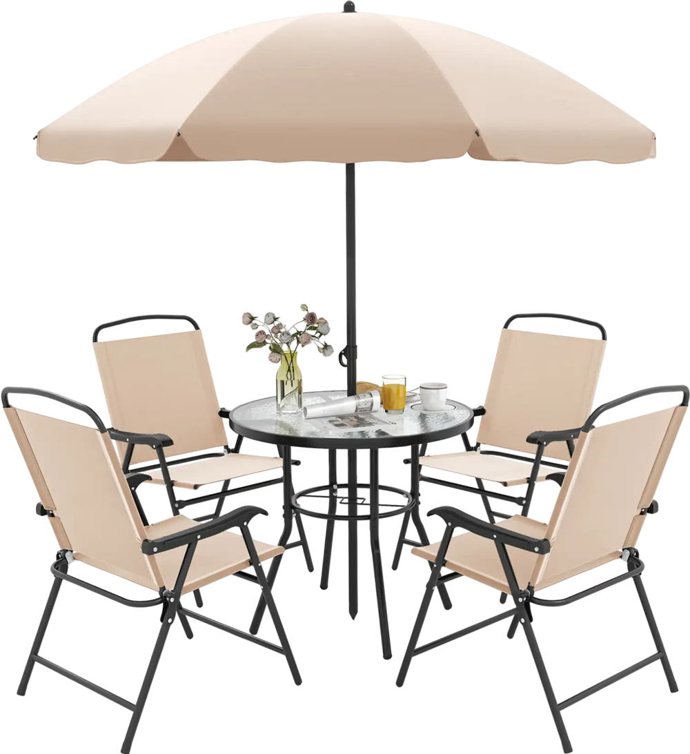 Patio dining set featuring a ripped tempered glass tabletop, four folding armchairs, and a beige umbrella for outdoor comfort.