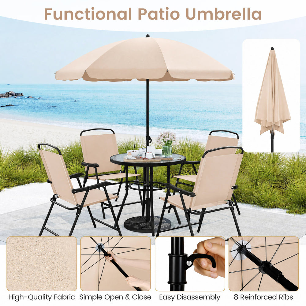 Patio dining set with beige umbrella and four folding armchairs, featuring a glass tabletop for outdoor comfort and style.