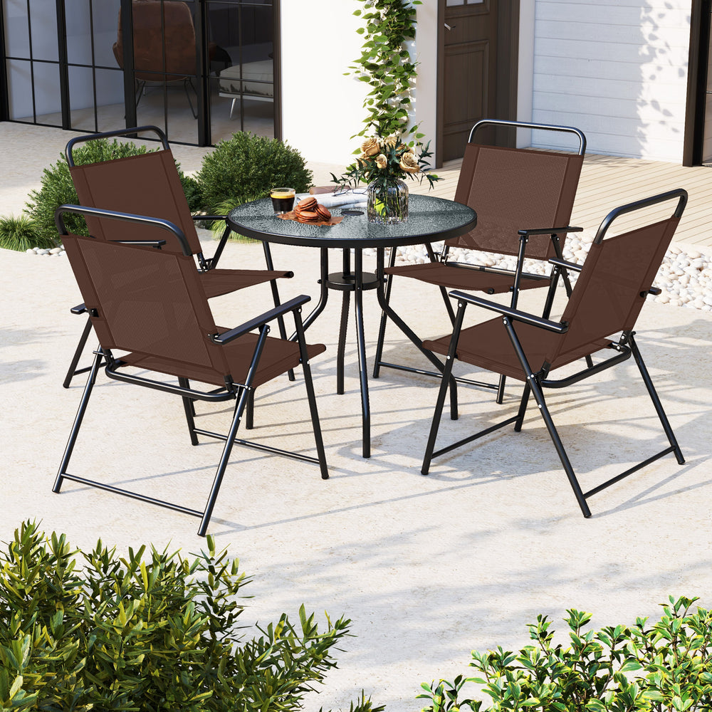 6 Pieces Patio Dining Set Folding Chairs Glass Table Tilt Umbrella for Garden-Coffee - Gallery View 1 of 11