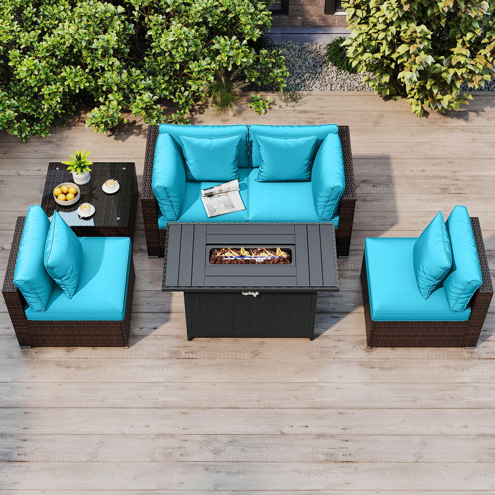 6 Pieces Patio Furniture Set with 50,000 BTU Gas Fire Pit Coffee Table and Cushions for Garden-Turquoise - Gallery View 1 of 10