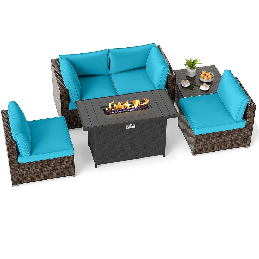 Six-piece turquoise patio furniture set with cushions and 50,000 BTU gas fire pit coffee table, angled view for the garden.