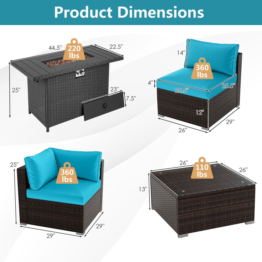 Product dimensions show a turquoise PE rattan patio set with cushions and a 50,000 BTU fire pit coffee table.