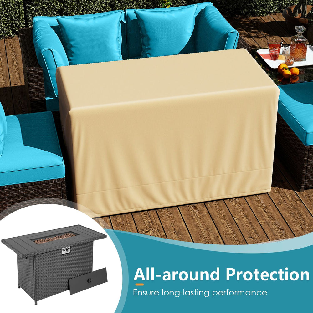 Turquoise patio furniture set with 50,000 BTU gas fire pit coffee table and cushions on a wooden deck.