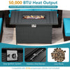 Gas fire pit coffee table in front view with lava rocks, 50,000 BTU heat output for patio relaxation.