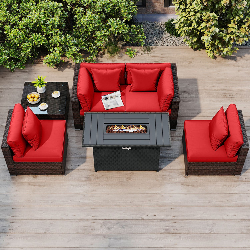 6 Pieces Patio Furniture Set with 50,000 BTU Gas Fire Pit Coffee Table and Cushions for Garden-Red - Gallery View 1 of 10