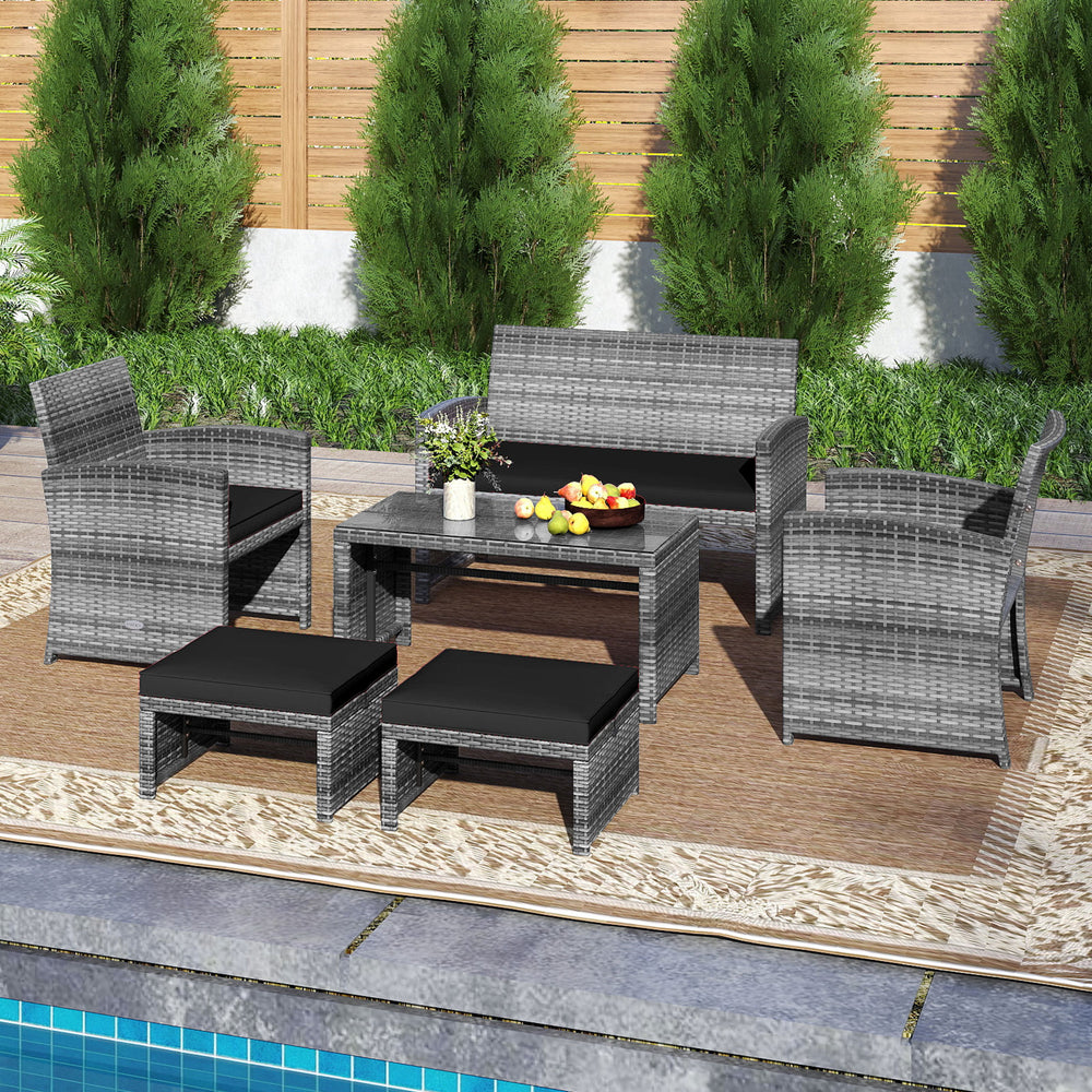 6 Pieces Patio Furniture Set Outdoor Sectional Conversation PE Rattan Sofa Set-Black - Gallery View 1 of 6