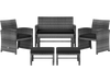6-piece patio furniture set featuring a black PE rattan sofa, two chairs, and two ottomans for outdoor relaxation.