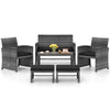 6-piece black PE rattan patio furniture set with soft cushions, including loveseat, chairs, coffee table, and ottomans.
