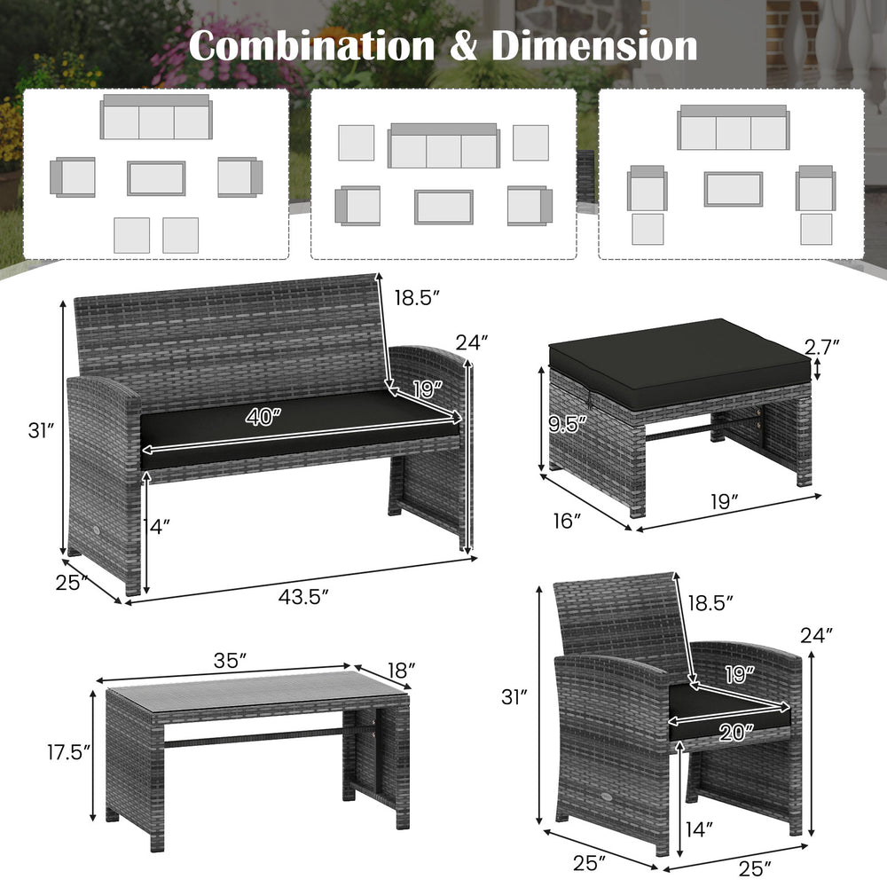 Detailed dimensions of the 6-piece black PE rattan patio furniture set, including loveseat, chairs, and coffee table.