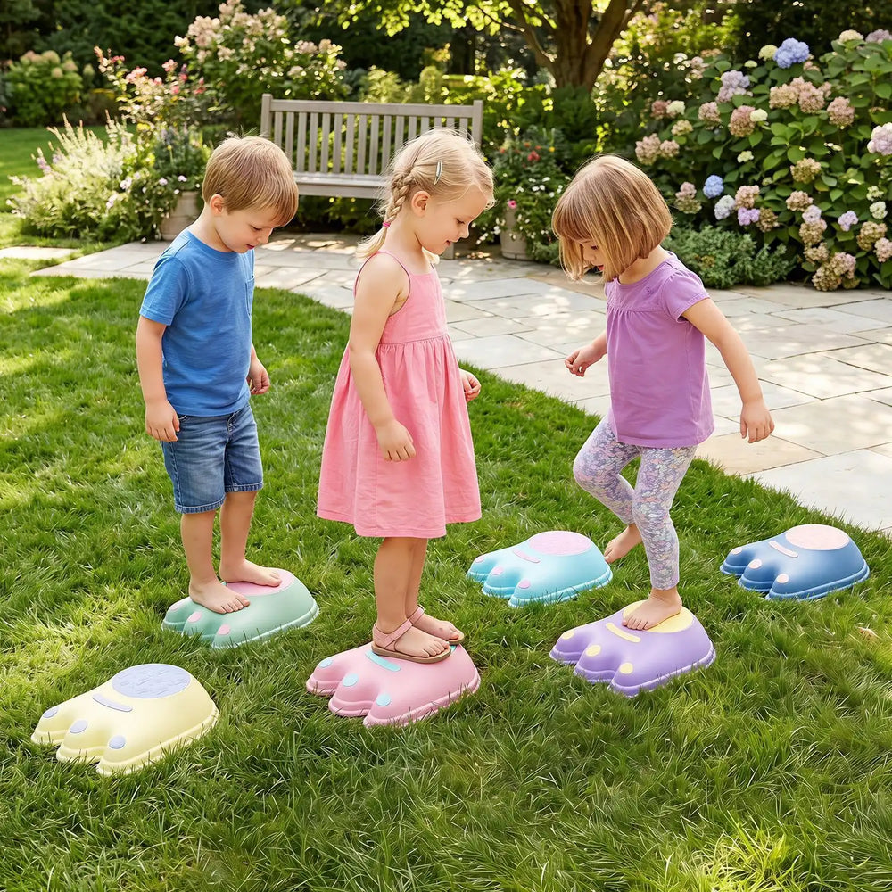 Colorful monster-themed stepping stones for kids promote balance, fine motor skills, and imaginative play in outdoor settings.