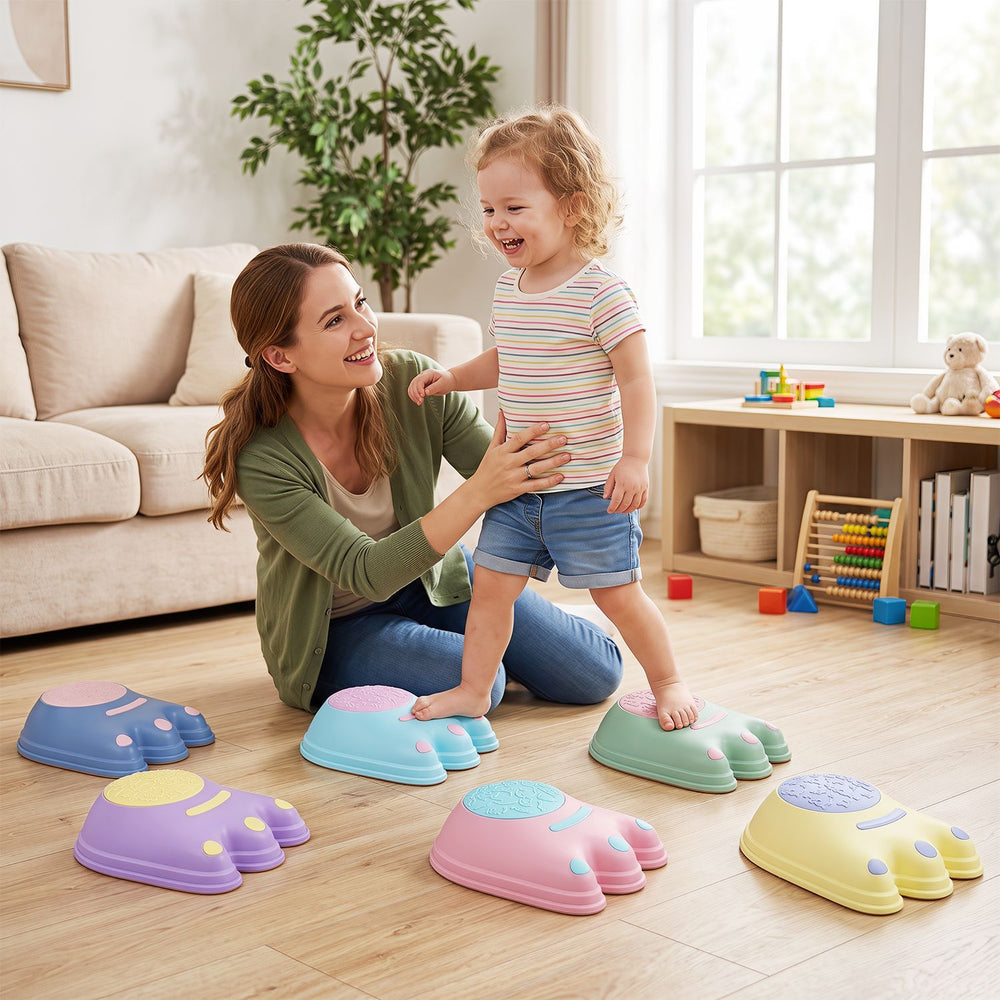 Cute monster-themed stepping stone in pastel colors supports balance and fine motor skills for children during playtime.