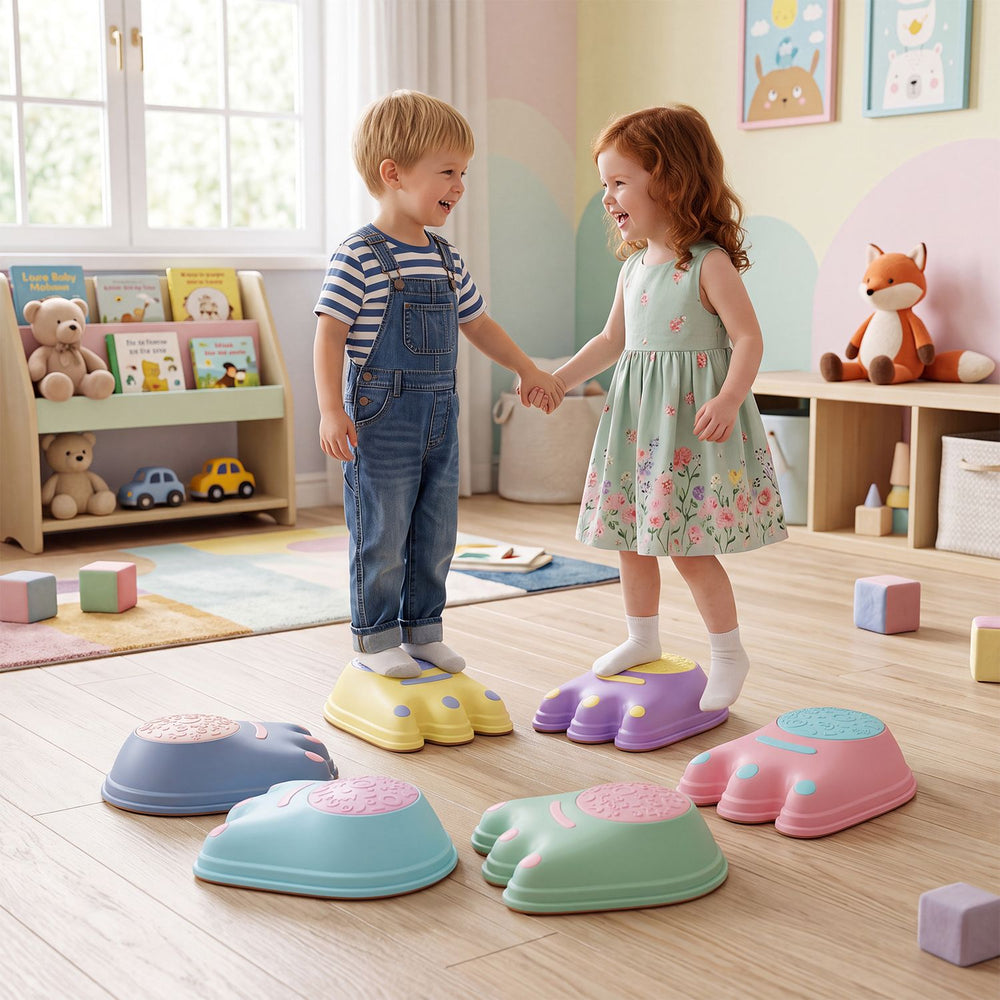 Colorful 6-piece stepping stones with cute monster designs enhance balance and fine motor skills for kids aged 3 and up.
