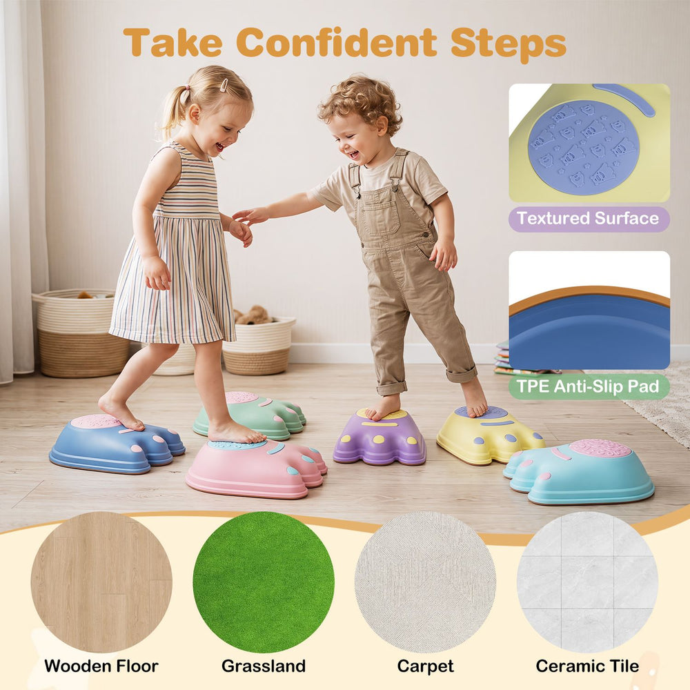 Colorful 6-piece stepping stones with textured surfaces and anti-slip pads for safe play on various indoor and outdoor surfaces.