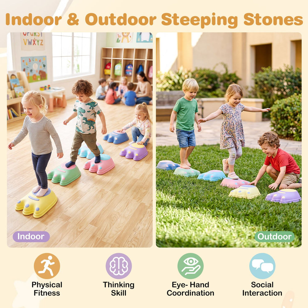 Colorful 6-piece monster-themed stepping stones enhance balance and coordination for kids during indoor and outdoor play.