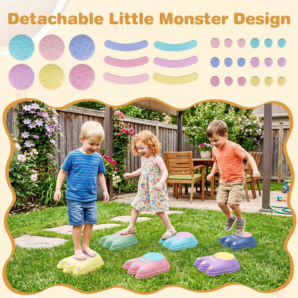 Colorful 6-piece stepping stones with cute monster designs enhance balance and fine motor skills for kids aged 3+.