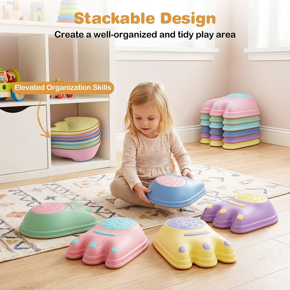Colorful 6-piece monster-themed stepping stones with stackable design for kids' play and fine motor skill development.