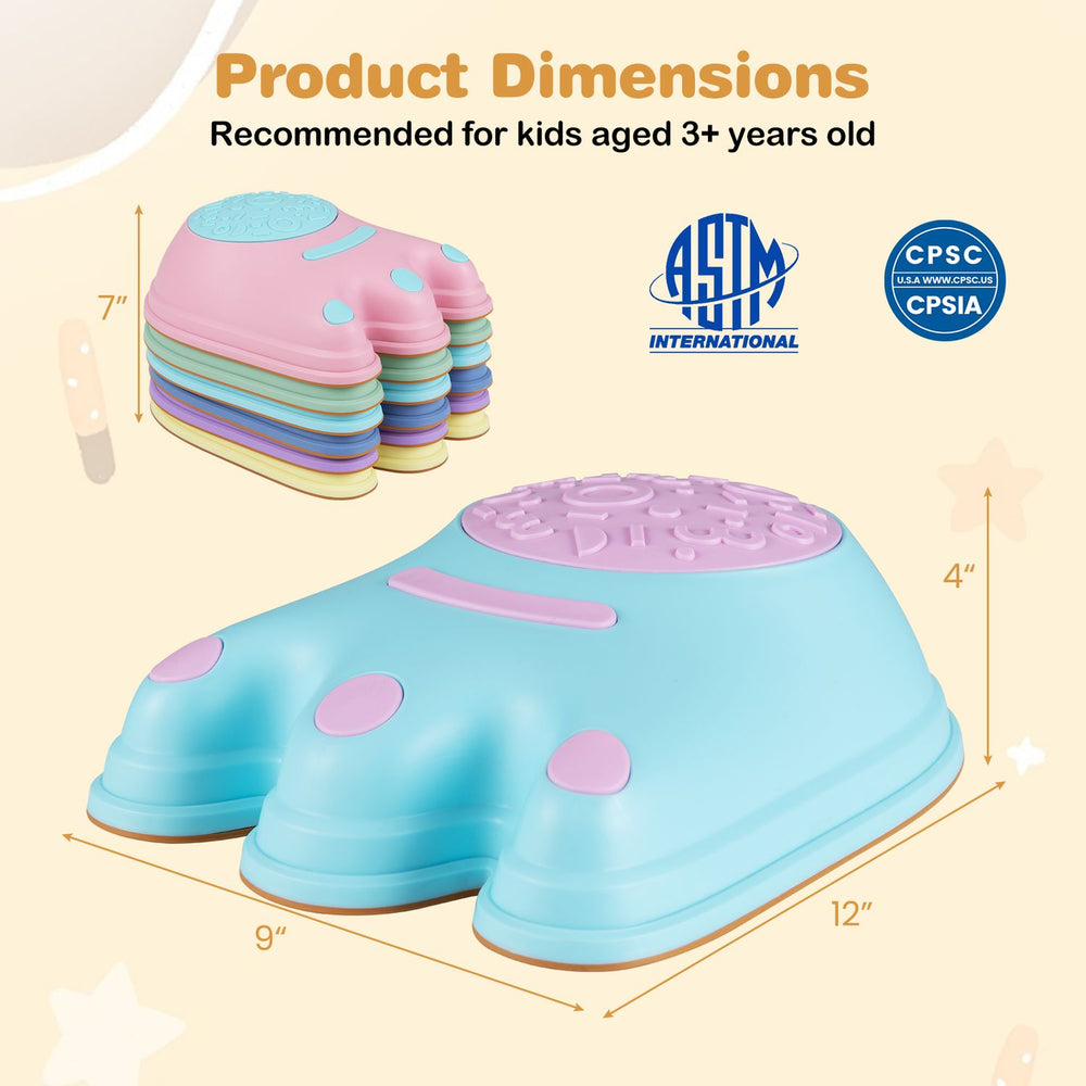 Colorful 6-piece monster-themed stepping stones for kids, designed for balance and fine motor skill development.