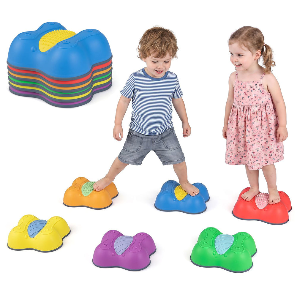 Colorful butterfly-themed stepping stones for kids, designed for safe play and fine motor skill development.