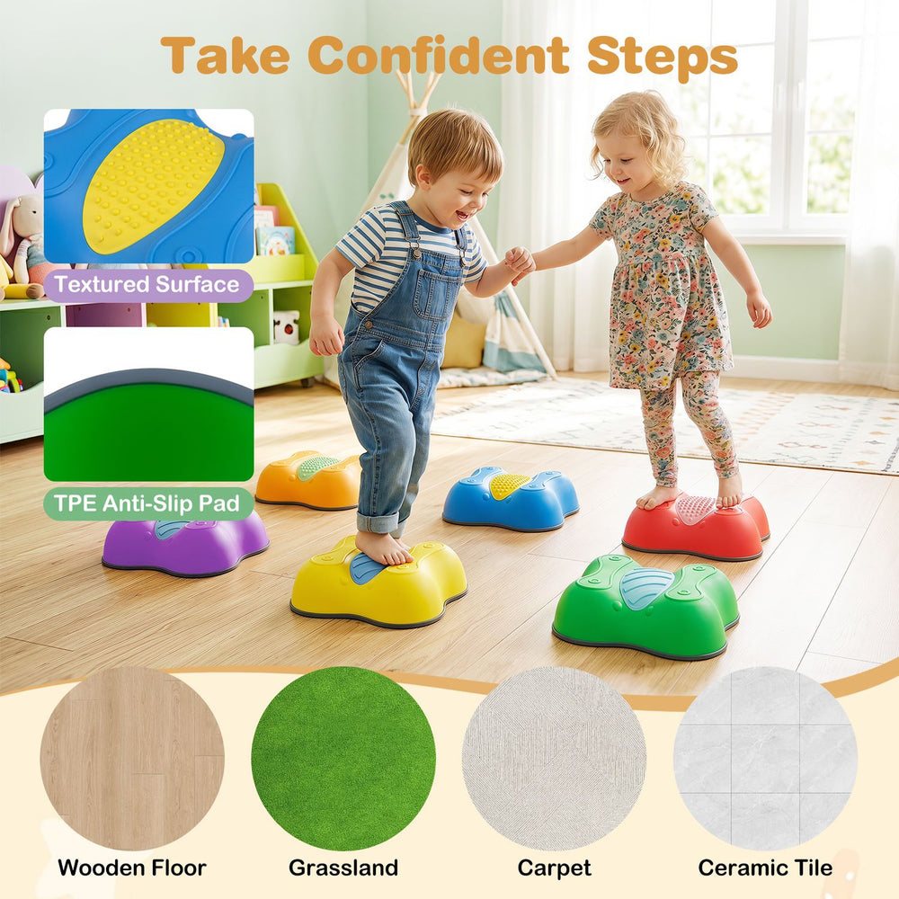 Colorful 6-piece stepping stones with butterfly designs feature a textured surface and TPE anti-slip pad for safe play.