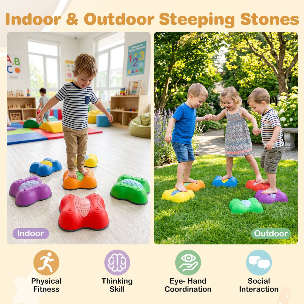 Colorful butterfly-themed stepping stones for kids, promoting physical fitness and hand-eye coordination during play.