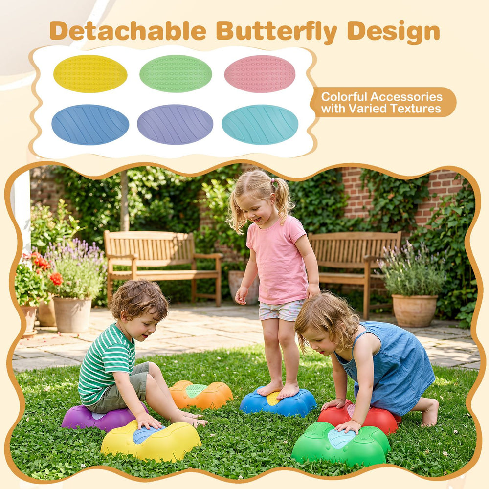 Colorful butterfly-themed stepping stones for kids, featuring detachable accessories for sensory exploration and safe play.