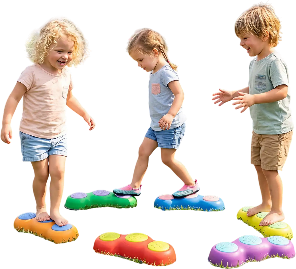 Colorful 6-piece stepping stones for kids feature adorable peanut designs, promoting safe play and fine motor skill development.