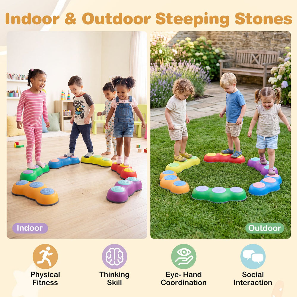 Colorful 6-piece stepping stones with peanut designs enhance physical fitness and social interaction for kids indoors and outdoors.