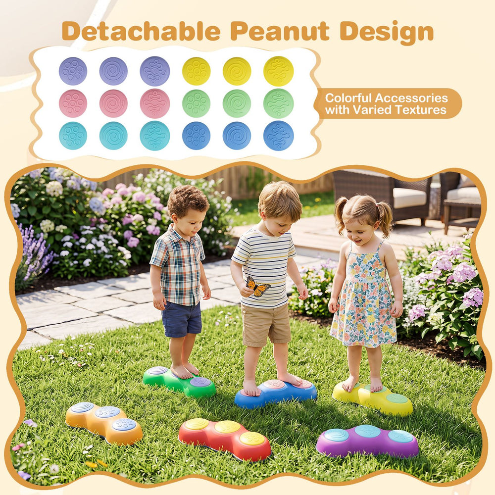 Colorful 6-piece stepping stones with cute peanut designs promote sensory play and fine motor skill development for kids.