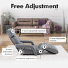 Adjustable floor chair in gray with 6-position headrest, 8-position footrest, and folding design for versatile use.