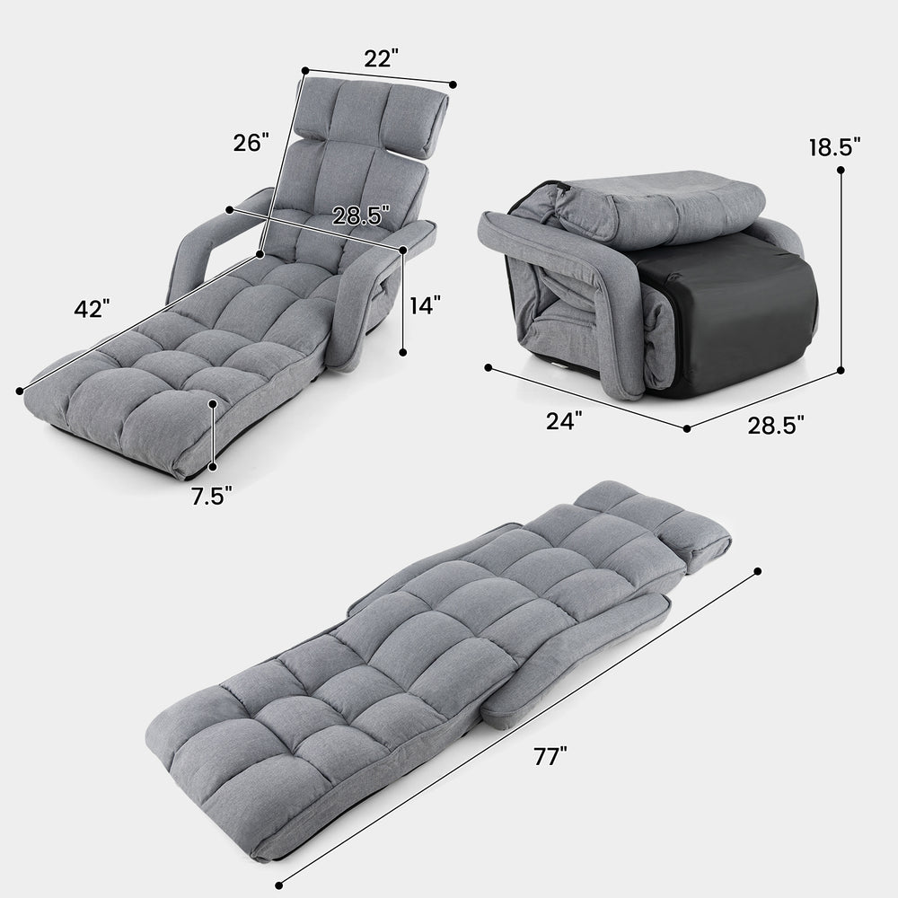Adjustable gray floor chair with 6-position backrest and 8-position footrest, perfect for living rooms and bedrooms.