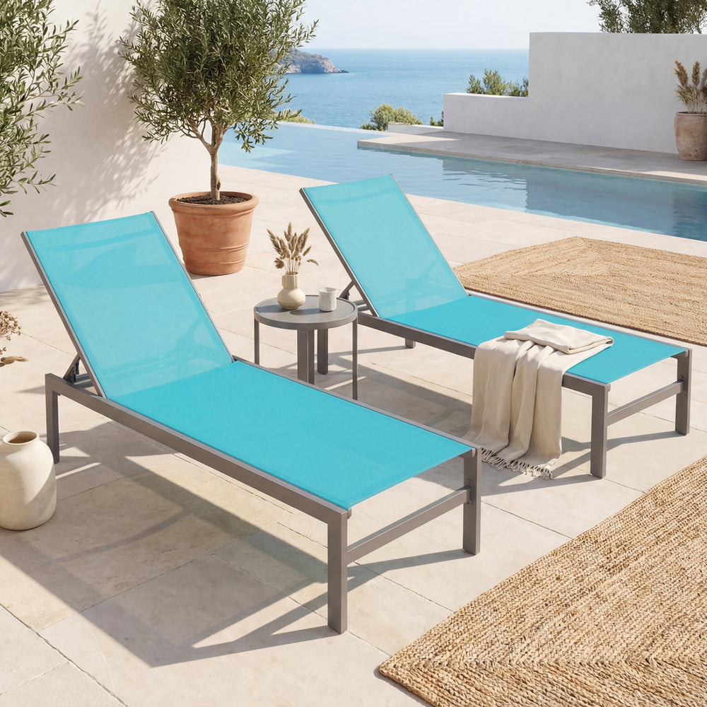 Turquoise 6-position chaise lounge chairs with rustproof aluminium frame, perfect for poolside relaxation.