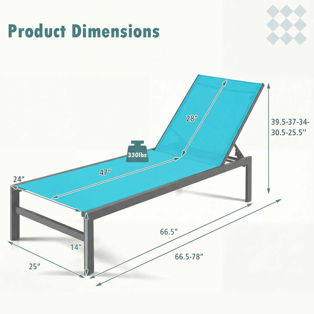 Dimensions of the turquoise 6-position chaise lounge chair with rustproof aluminium frame, suitable for outdoor use.