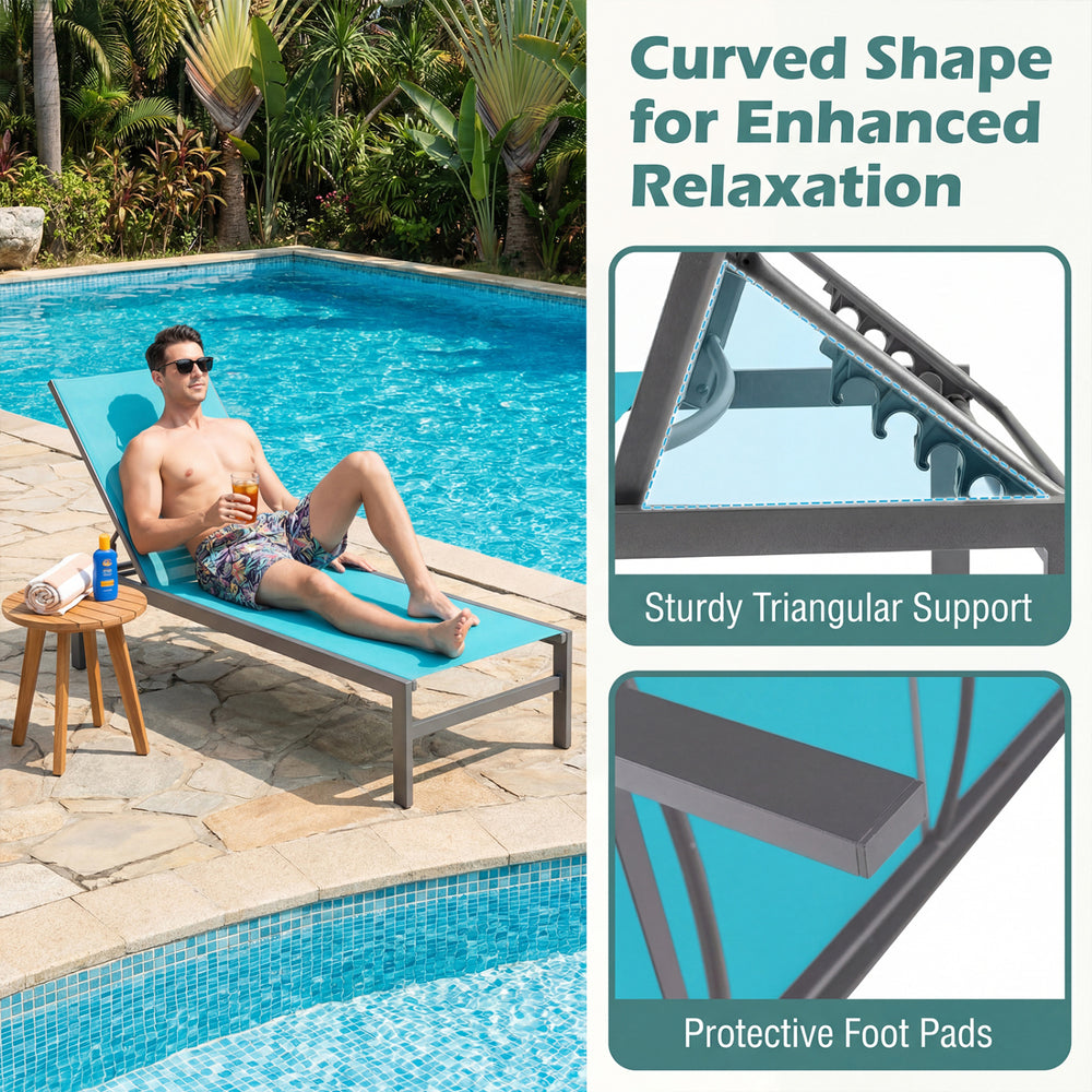 Turquoise 6-position chaise lounge chair with rustproof aluminium frame, ideal for poolside relaxation and comfort.
