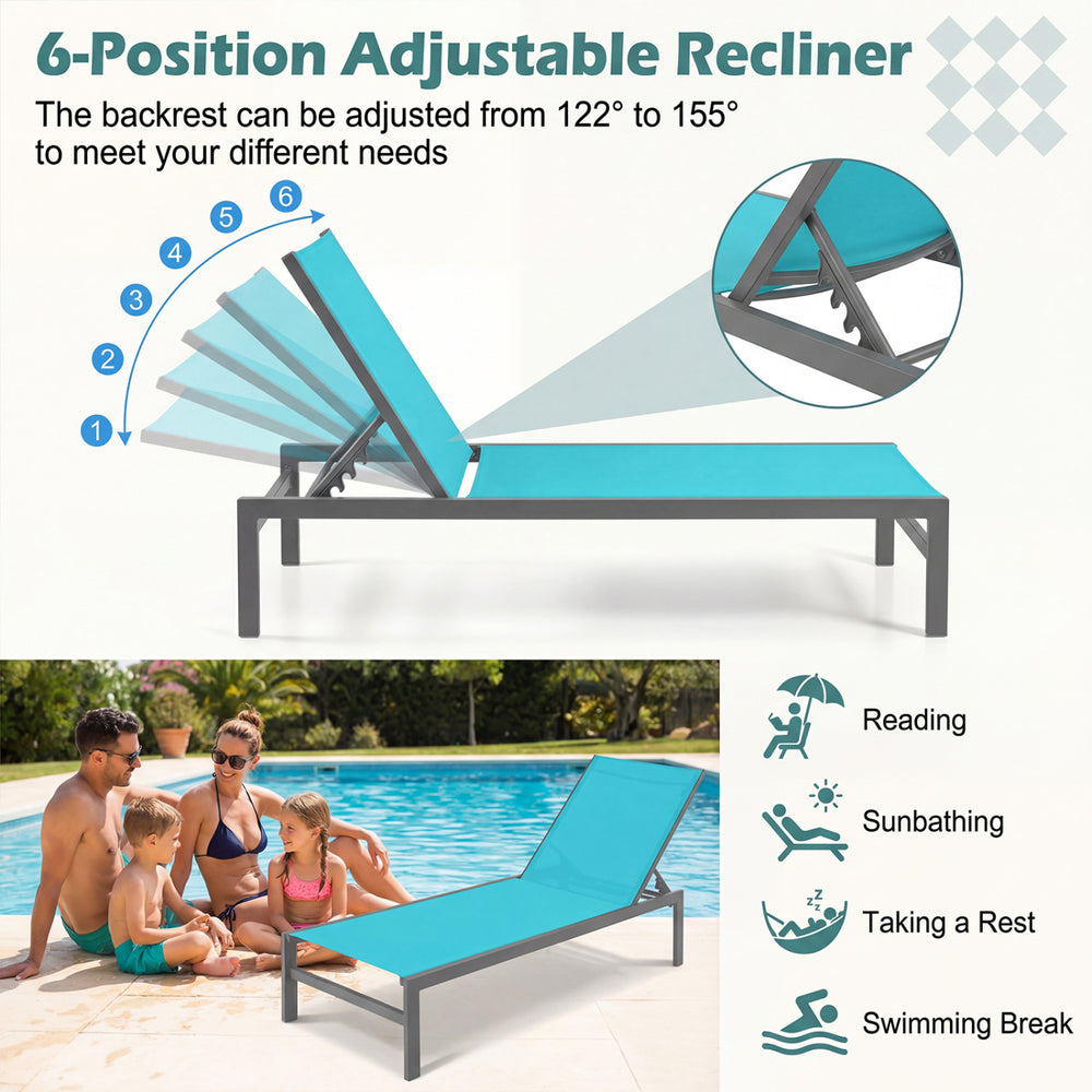 Turquoise 6-position adjustable chaise lounge chair with rustproof aluminium frame, ideal for patio and poolside.