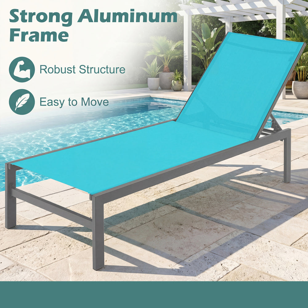 Turquoise 6-position chaise lounge chair with rustproof aluminum frame, perfect for poolside relaxation.
