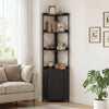 Tall black 6-tier bookshelf with cabinet, featuring a metal frame and space-saving corner design for organized storage.