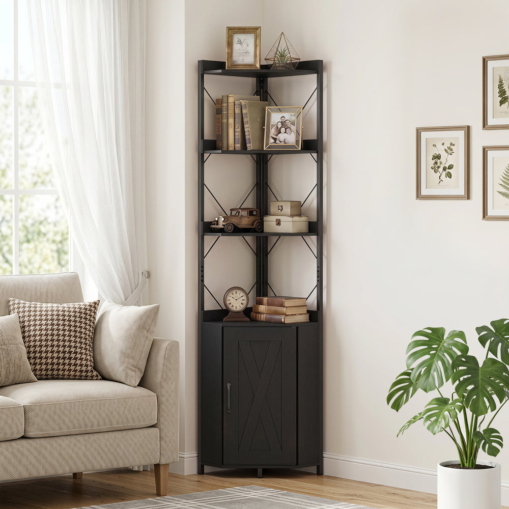 Tall black 6-tier bookshelf with cabinet, featuring a metal frame and space-saving corner design for organized storage.