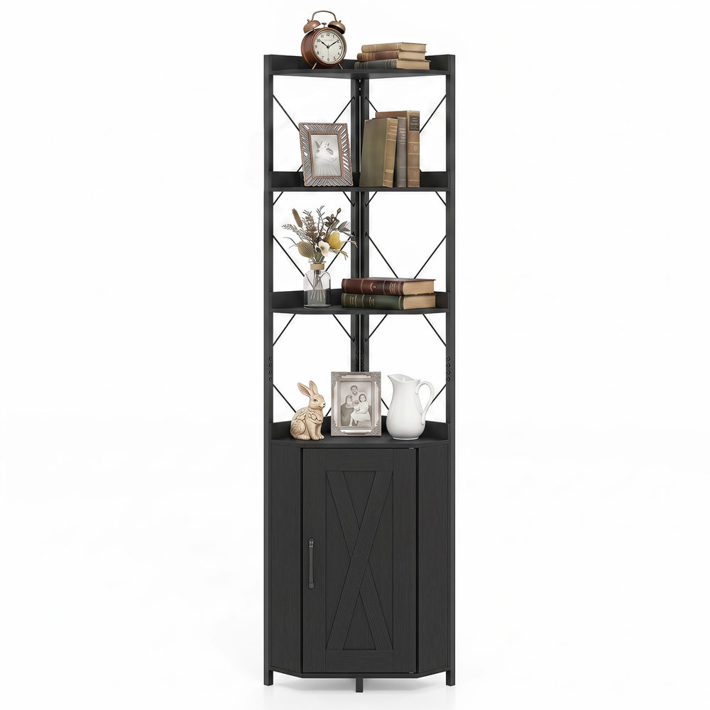 Freestanding 71" tall black bookshelf with 4 open shelves and a cabinet, perfect for organizing books and decor.