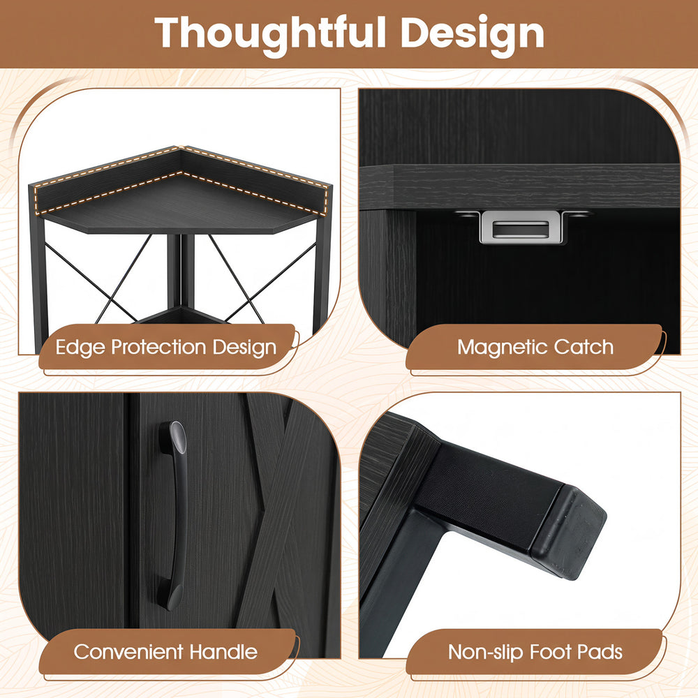 6-tier tall black bookshelf with cabinet features edge protection, magnetic catch, and non-slip foot pads for stability.