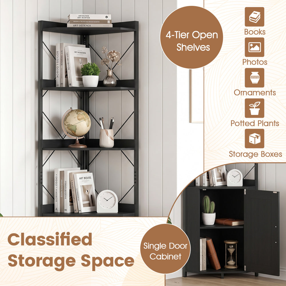 Freestanding 6-tier black bookshelf with a single door cabinet, ideal for organizing books and decorative items.