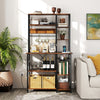 6-tier bakers rack with rustic brown wooden shelves, metal frame, and built-in power outlets for versatile kitchen.