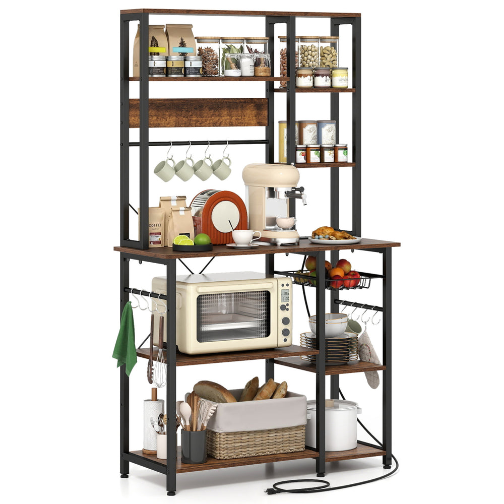 6-tier bakers rack with rustic brown wooden shelves, metal frame, and built-in power outlets for kitchen organization.