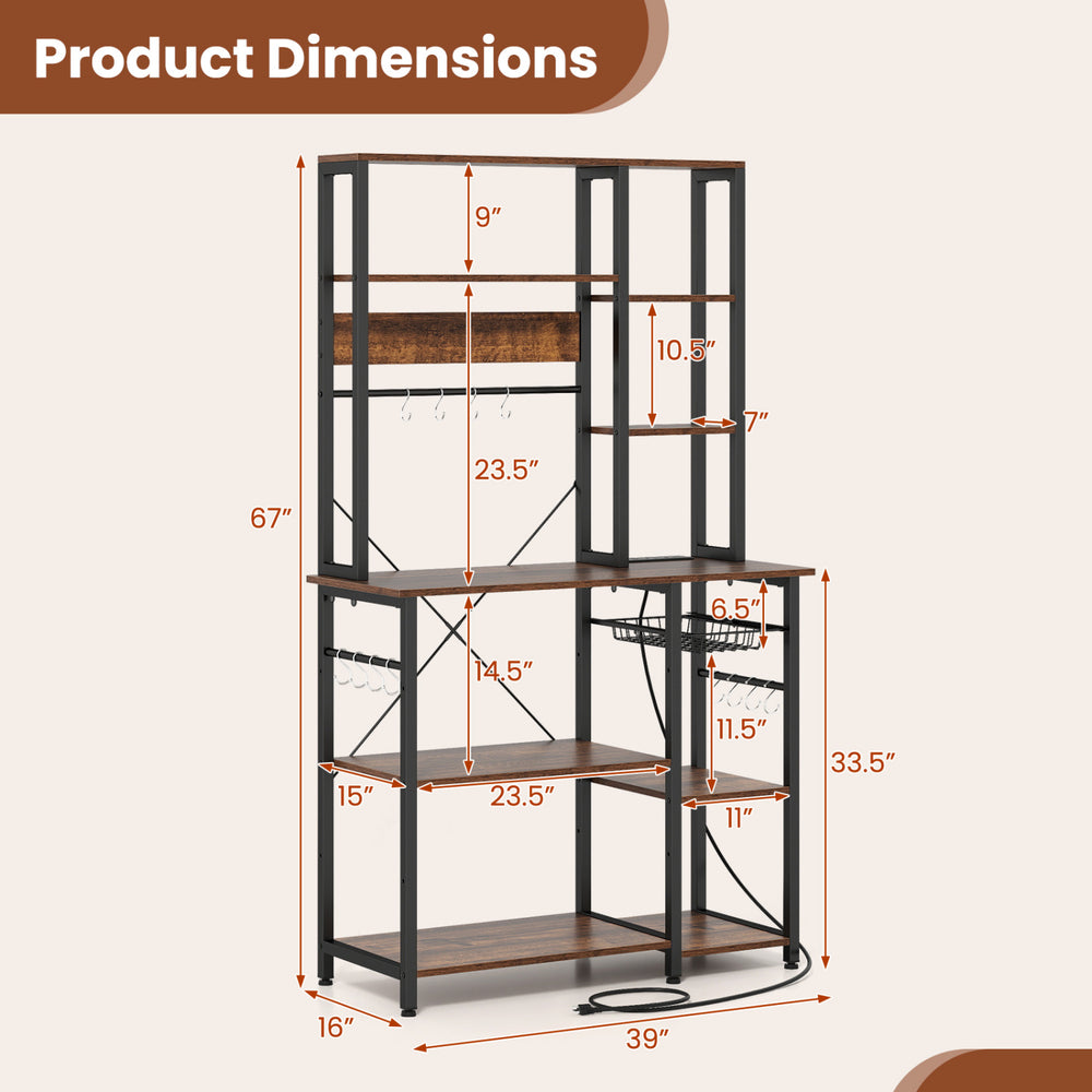 Dimensions of the 6-tier bakers rack with rustic brown shelves, measuring 67" height and 39" width for versatile.