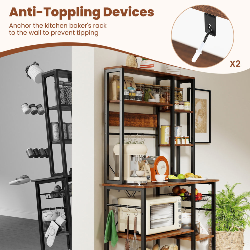 6-tier bakers rack with rustic brown shelves, anti-toppling devices, and built-in power outlets for kitchen convenience.